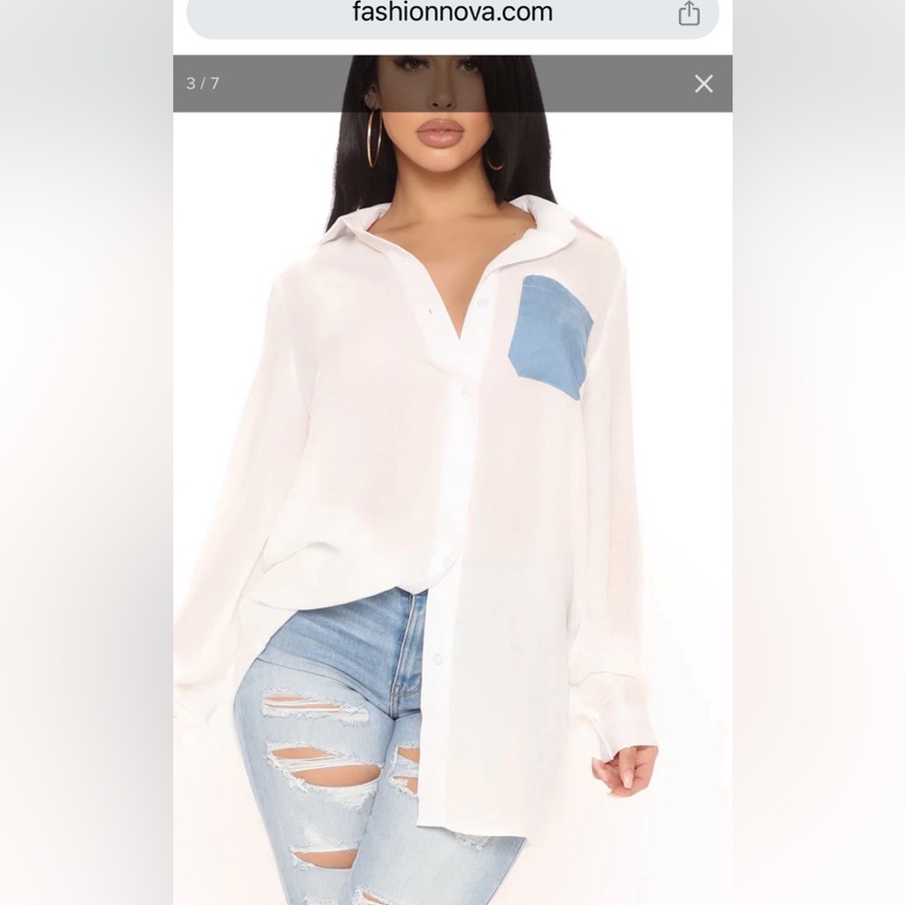 BNWT Fashion Nova oversized blouse white color “Pocket of sunshine” denim pocket